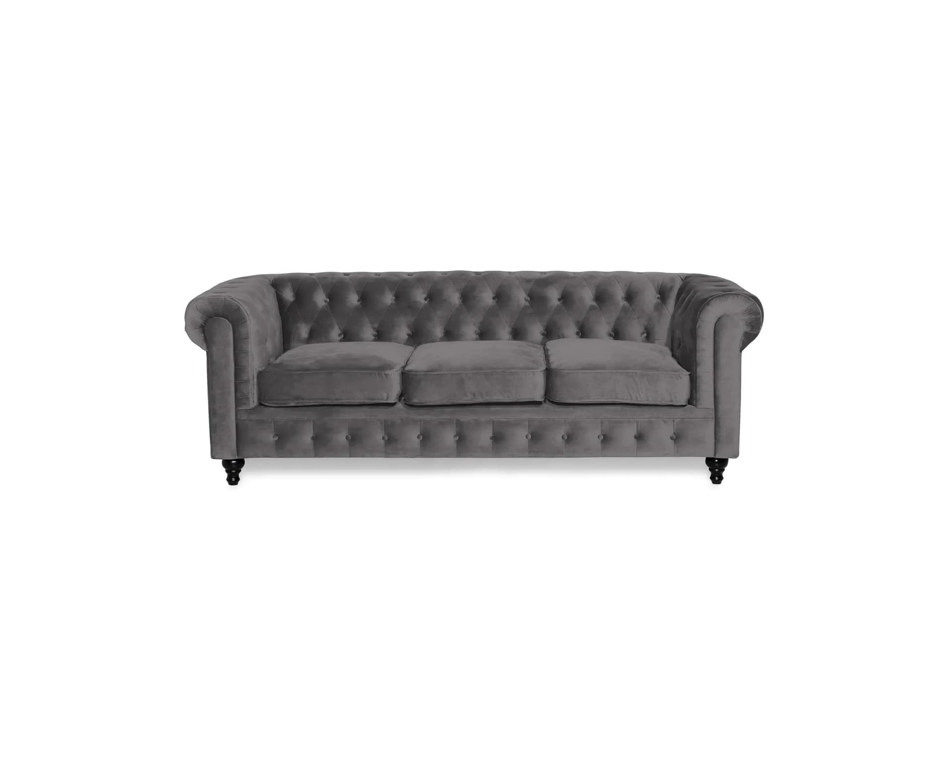 Chesterfield Lyx 3-sits sammetssoffa grå