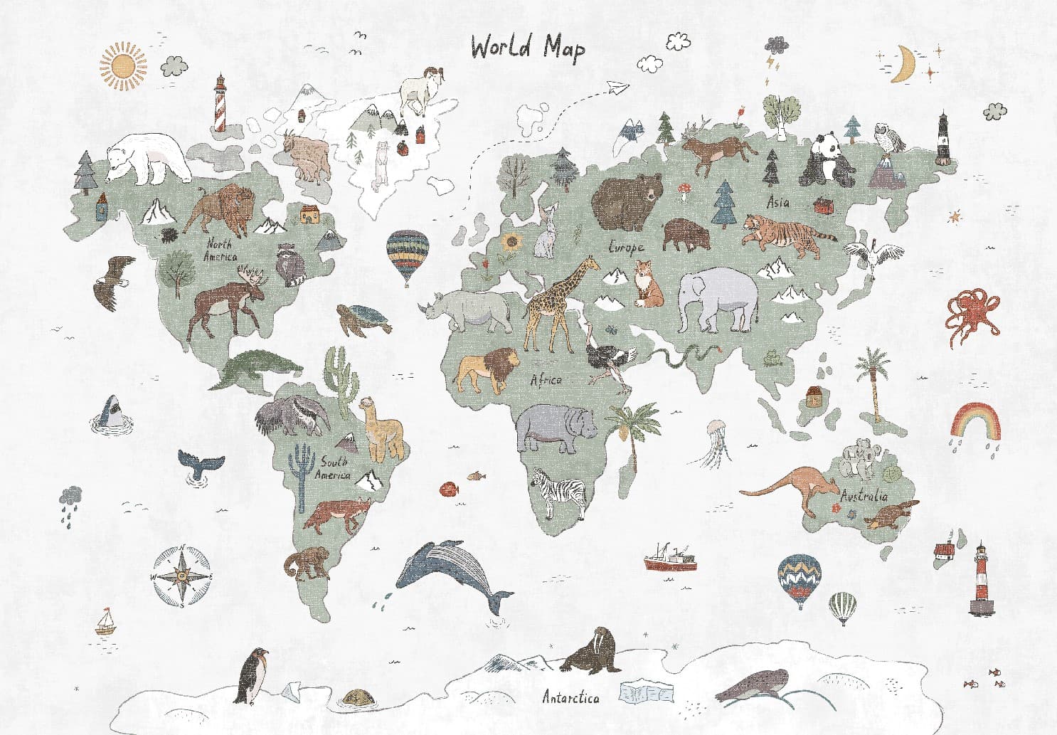 Barnmatta - Kids World Map (grön) (Storlek: 120 x 170 cm)