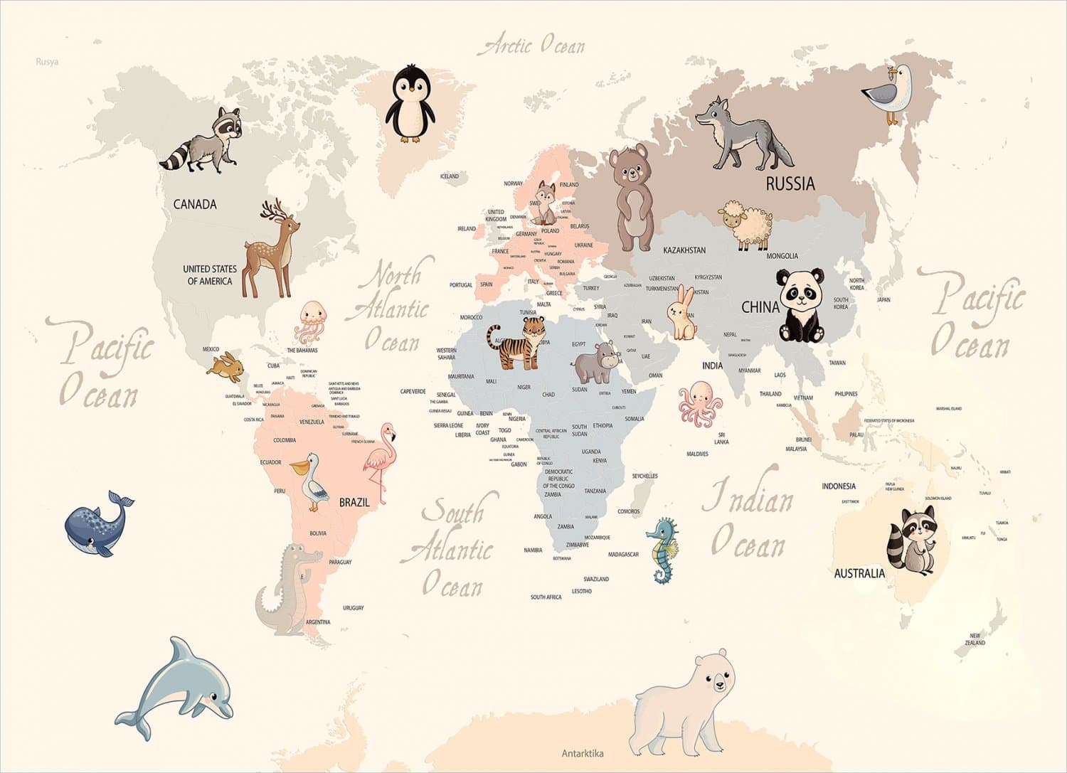 Barnmatta - Animal Map (beige) (Storlek: 200 x 280 cm)