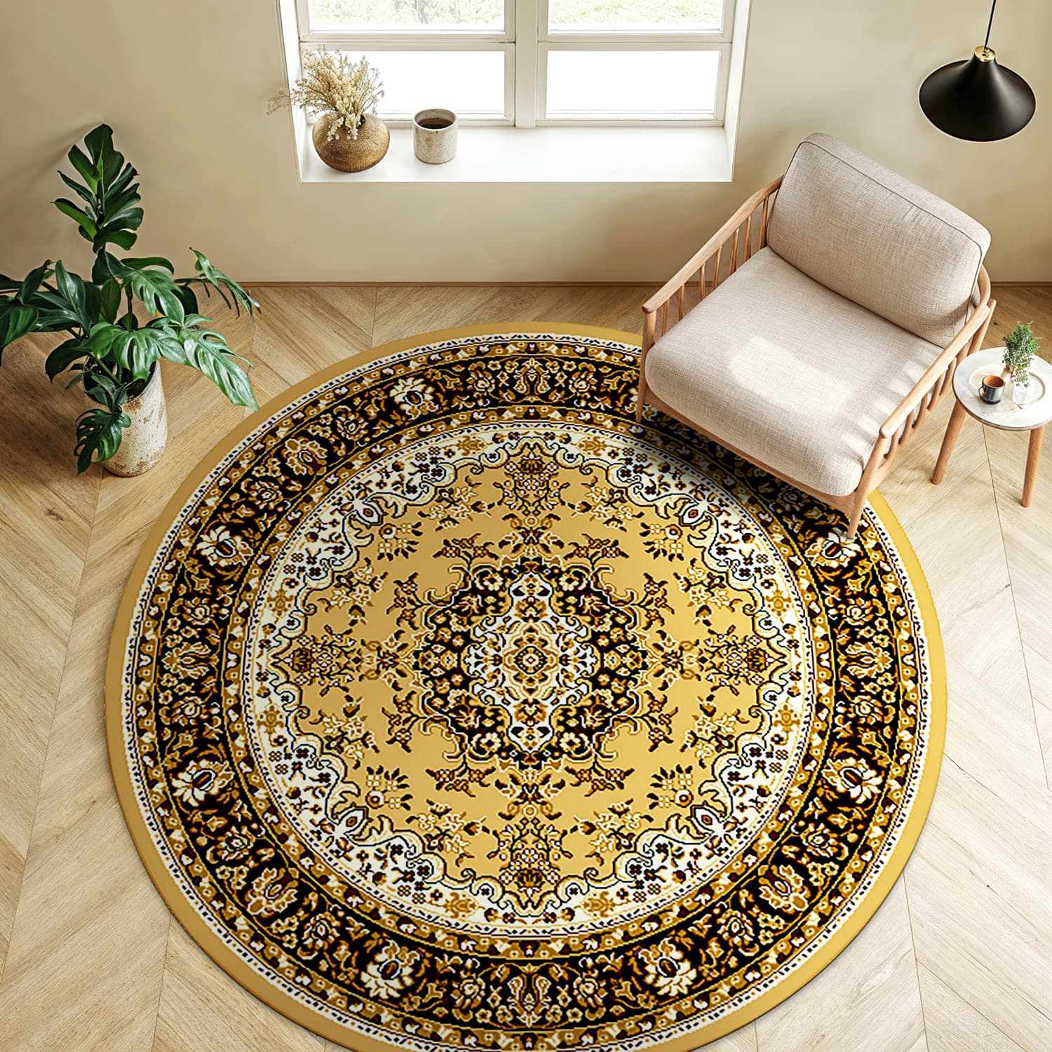 Rund matta - Peking (guld) (Storlek: Ø 160 cm)