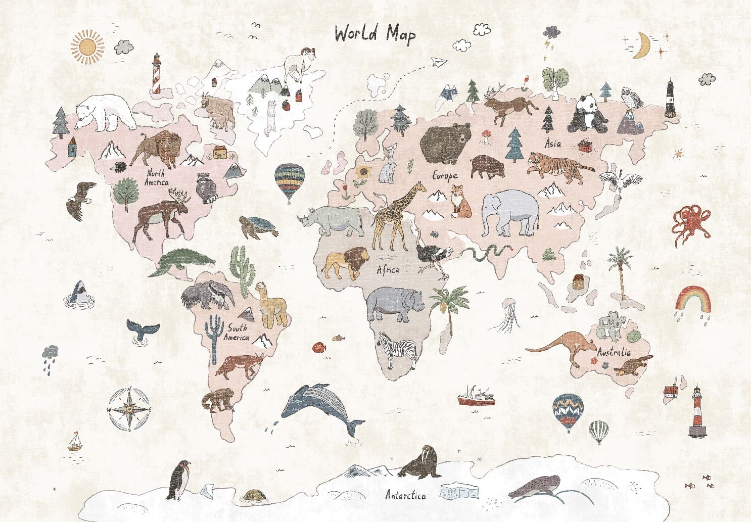 Barnmatta - Kids World Map (beige) (Storlek: 120 x 170 cm)