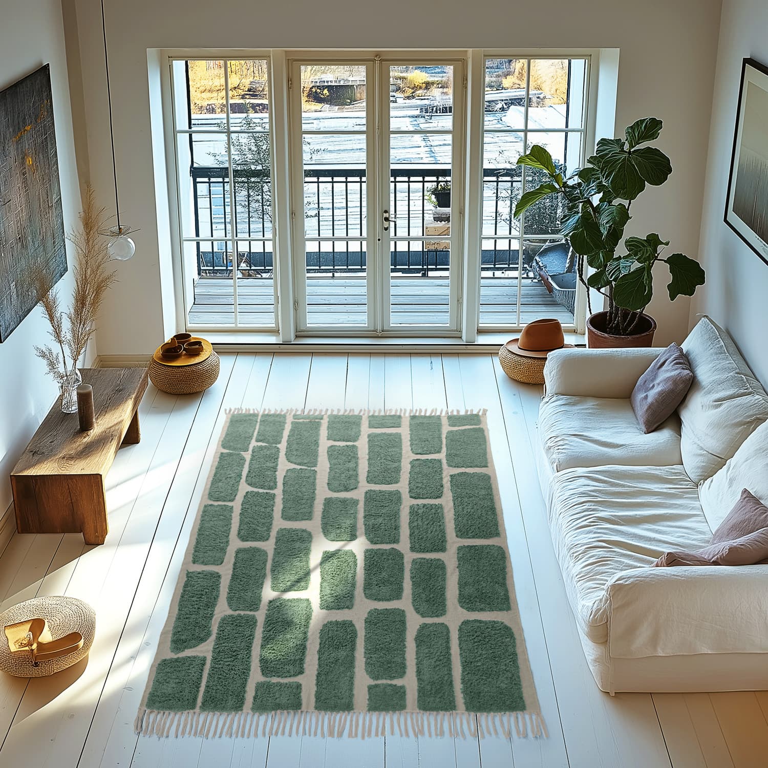 Ryamattor - Cyrus Natural Cotton Shaggy (grön) (Storlek: 80 x 150 cm)